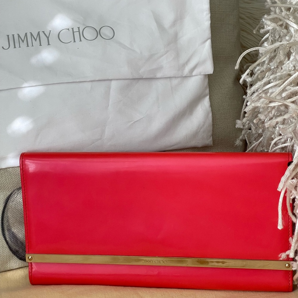JIMMY CHOO Neon Coral Patent Leather Clutch W/Dust bag & COA